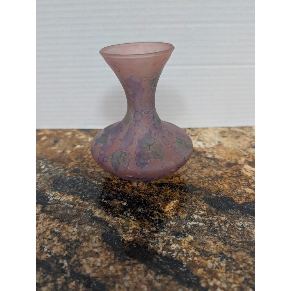 Vintage Hand Painted Jerusalem Art Glass 5" Vase Ilanit Rose swirl watercolor